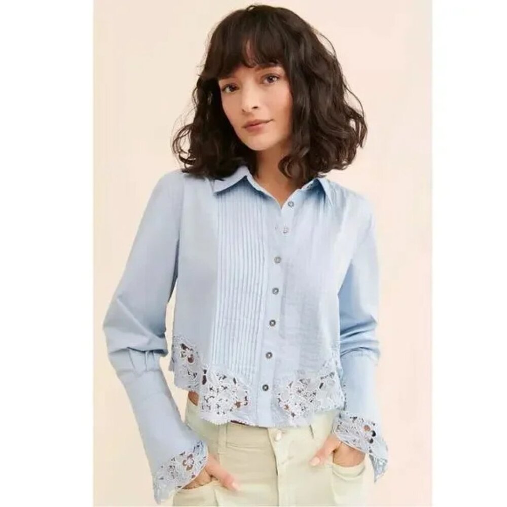 Free People Crochet Lace Trim Hooked On You Top Button Front Shirt Blue M $128 - Picture 2 of 16